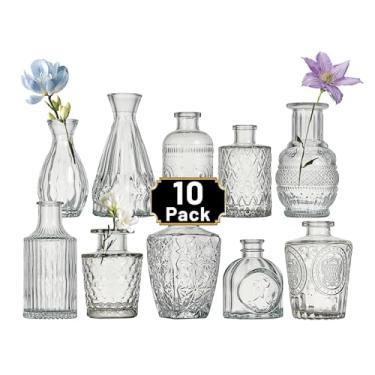 Imagem de Tahnach Conjunto de 10 vasos de vidro minimalistas pequenos para flores, decoração de casa rústica vintage para mesa de centro de mesa, festa de casamento, garrafa de aromaterapia transparente moderna