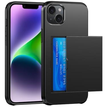Imagem de SZSSZSM Capa carteira para iPhone 14 Plus com suporte para cartão, camada dupla, proteção de grau militar, à prova de choque, compartimento oculto para cartão, capa de telefone slim fit - preta