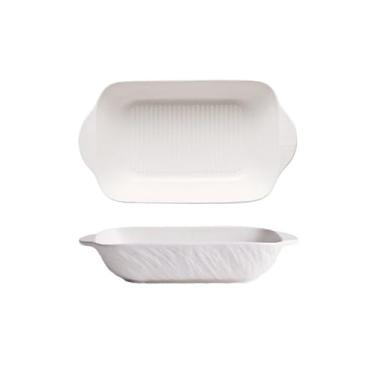 Imagem de Caçarola retangular de orelha dupla assadeira prato de jantar forno utensílios de micro-ondas panela de cozimento de cerâmica queijo prato de arroz assado para cozinhar (branco)