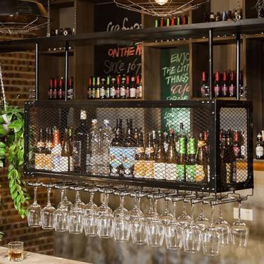 Imagem de Rack de teto para copos de vinho, rack de vinho suspenso com suporte de vidro e prateleira, barra de teto de metal ajustável de altura adequada para armazenamento de copos de vinho várias garrafas de