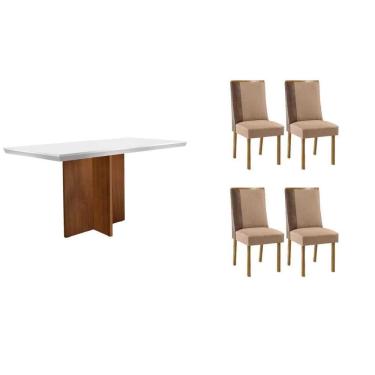 Imagem de Conjunto: Mesa Sala Jantar Berlim c/ Tampo Madeirado c/ Vidro Canto Curvo 120x80cm e 4 Cadeiras Tilia Naturale/Off White - Linho Capuccino - Rufato