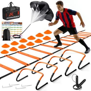 Imagem de Conjunto de equipamentos de treinamento de agilidade e velocidade para futebol, basquete e mais - escada de agilidade de 6 metros, 12 cones de treinamento, 4 obstáculos, corda de pular, paraquedas de