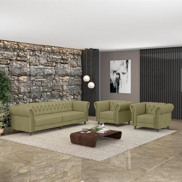 Imagem de Conjunto Sala de Estar 1 Sofá Living 240cm e 2 Poltronas Stanford Chesterfield Pés Madeira Couro Fendi G58 - Gran Belo