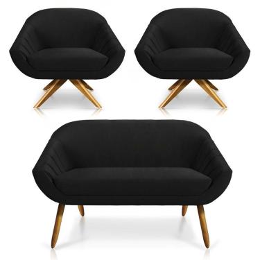 Imagem de Kit 01 Namoradeira 02 Lugares E 02 Poltronas Giratória Giovana Veludo Preto Base Madeira