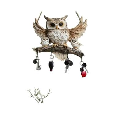 Imagem de Porta-Chaves De Madeira Com Padrão Família De Corujas E Quatro Ganchos