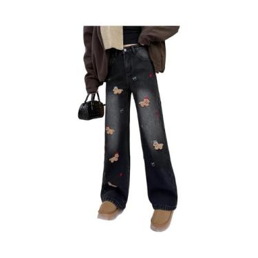 Imagem de Calça Jeans Feminina Estilo Coreano Com Bordado De Cachorro, Corte Ret