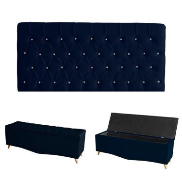 Imagem de Kit Estrela Cabeceira De Cama Painel E Calçadeira Baú Botão Cristal Casal 140 Cm Suede Azul Do Lar Móveis E Decoração