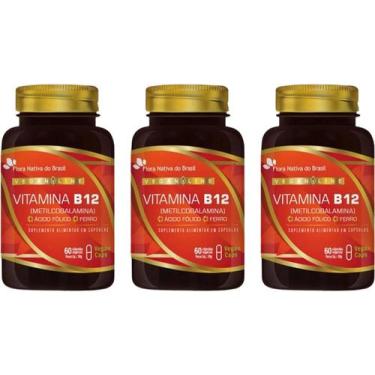 Imagem de 3x Vegan Vitamina B12 Metilcobalamina + Ferro + Ácido Fólico 60Caps - 