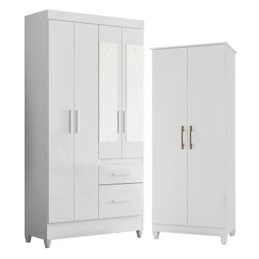 Imagem de Guarda Roupa Solteiro Madri com Espelho e Armário Multiuso Jade Branco Brilho – Moval