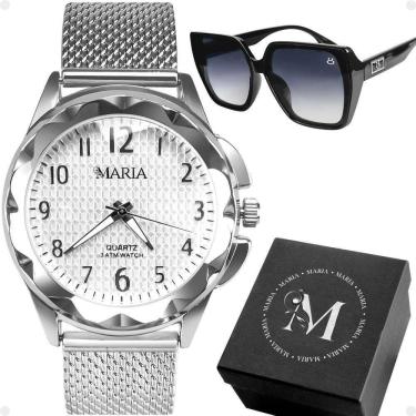 Imagem de Kit Relógio e Óculos Feminino Maria Analógico Social Aço Inox Prova D’água Prata Orizom