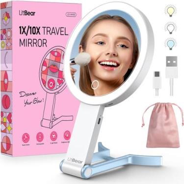 Imagem de Espelho de maquiagem LitBear Travel Recarregável 10X/1X com luz