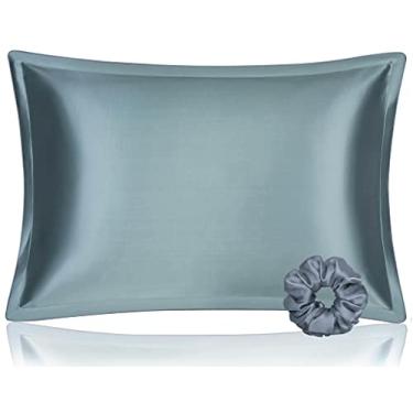 Imagem de Fronha DISANGNI 100% seda de amoreira, para cabelo e pele, tipo envelope, seda real de um lado [cinza-azulada, Queen (50 x 75 cm)]