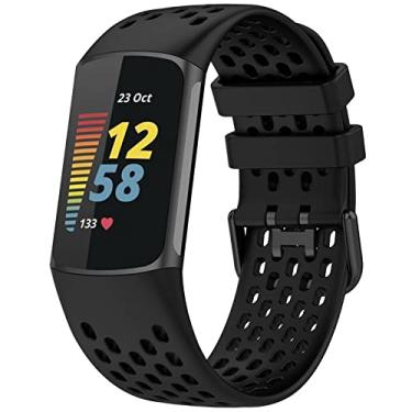Imagem de TopPerfekt Pulseiras esportivas compatíveis com Fitbit Charge 5, pulseira de substituição esportiva de silicone macio e respirável ajustável para monitor de atividades de carga 5, mulheres e homens (preto)