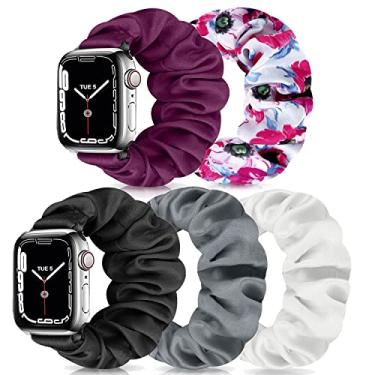 Imagem de Pulseiras de relógio Scrunchie para mulheres compatíveis com Apple Watch de 38 mm, 40 mm, 41 mm, 42 mm, 44 mm, 45 mm, pulseira elástica elástica para iWatch séries 7/6/5/4/3/2/1/SE (pacote com 5 D, tamanho P)