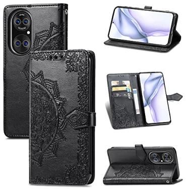 Imagem de YUNCHAO Caixa de telefone Padrão Halfway Mandala Embossing Horizontal Leather Case aleta com Holder & cartão Slots & carteira e cordão para Huawei P50 Pro capa para celular