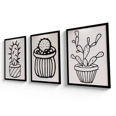 Quadros Decorativos Desenho Cactos Desenhos á Mão Bege Quarto