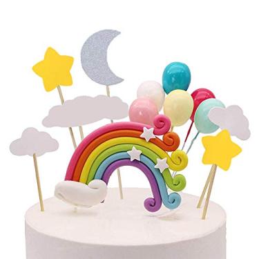 Imagem de Palksky Colourful Rainbow Cake Topper/Wedding Cake Flags/Cupcake Picks Set -Include Cloud Balloon Moon Stars/Boy Girl Kid Birthday Baby Shower Party Baking Decoration Supplies