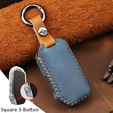 Imagem de Kakulkomen 3 botões de couro Smart Key Fob capa de controle remoto sem chave bolsa protetora de entrada para carro Key Cove para KIA K900 Sportage R Stinger Ceed Sorento Cerato Forte (azul)