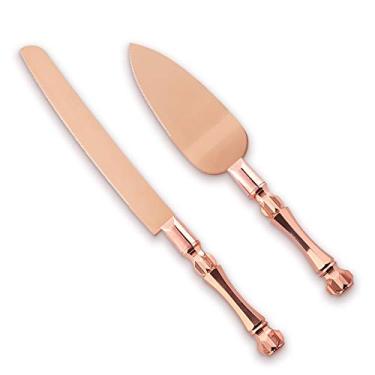Imagem de Homi styles Conjunto de facas e servidor de bolo de casamento | Lâminas banhadas de aço inoxidável 420 de alta qualidade em ouro rosa elegante | Conjunto de servir bolo e torta para bolo de casamento,