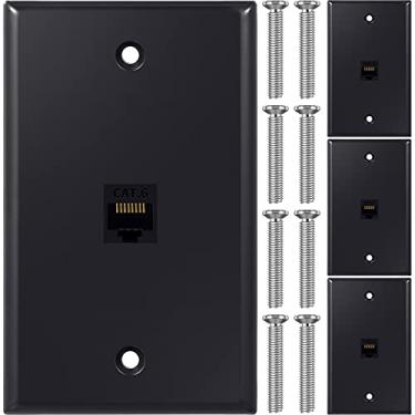Imagem de Pacote com 4 placas de parede Ethernet com porta única, RJ45 Cat6 fêmea para fêmea acoplador placas Ethernet cabo Faceplates (preto)