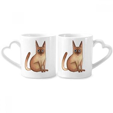 Imagem de Miaoji Pintura Aquarela Gato Casal Siamês Porcelana Conjunto de Canecas Cerâmica Amante Copo Coração Alça