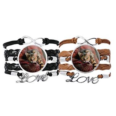 Imagem de DIYthinker Pulseira com foto de gato olho verde animal, alça de mão, pulseira de corda de couro, conjunto duplo para presente