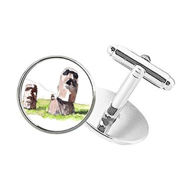Imagem de DIYthinker Abotoaduras com clipe de botão redondo para estátuas da Ilha da Páscoa da Moai