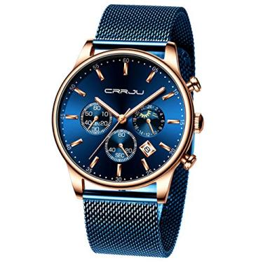 Imagem de CRRJU Relógios Masculinos Com Cronógrafo E Data Automática, Relógios Esportivos À Prova D'Água, Com Pulseira De Malha, Relógios De Encontro Elegantes Para Homens 42 Mm Azul