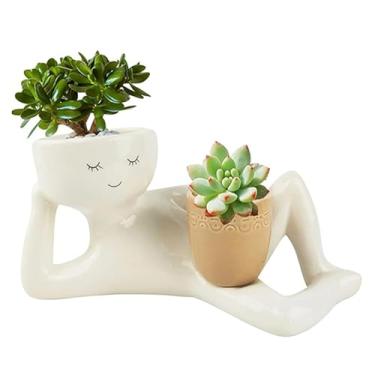 Imagem de Cowenhey Vaso de flores de resina com rosto sorridente engraçado com orifício de drenagem duplo, lindo vaso de suculentas e cactos, presente exclusivo para a família e amigos