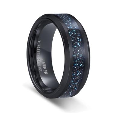 Imagem de JEWPER Anéis de tungstênio para homens 8 mm preto/prata/ouro moda promessa aliança de casamento martelada sulco meteorito orbo carboneto chanfrado borda polida ajuste confortável, 9, Metal, Sem pedra