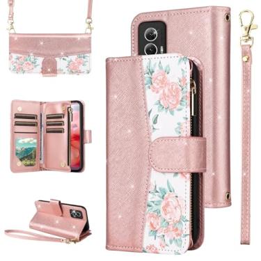 Imagem de Furiet Capa carteira floral para Motorola Moto G Power 5G 2024 com alça de pulso/ombro, suporte de cartão de couro PU com glitter de luxo acessórios capa de celular para mulheres G5 ouro rosa