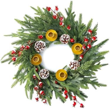 Imagem de Hushee Guirlanda do advento de Natal de 35,5 cm com suporte de vela, guirlanda macia e dobrável de frutas vermelhas falsas para decoração de mesa de mesa de igreja em casa