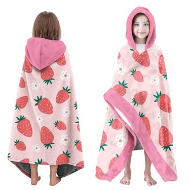 Imagem de Neapth Toalha de praia com capuz de morango para meninas, 76.2 cm x 127.0 cm Toalha de banho infantil poncho para crianças, rosa macio absorvente com capuz para 3-10 anos roupão de banho para piscina