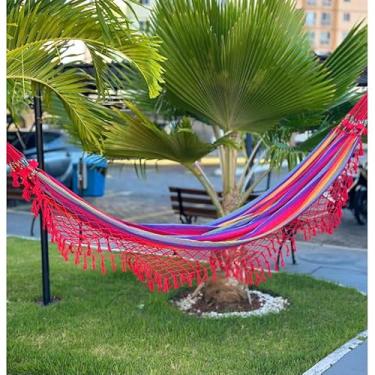 Imagem de Rede de Descanso 100% Algodão - Suporta até 180kg - Casal, Varanda e Jardim - 2,6x1,5m(Arco-iris)