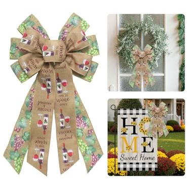 Imagem de Habbiful Grande laço de fazenda para guirlanda, arco decorativo de outono para porta da frente com estampa de vinho tinto para festa de Ação de Graças, Natal, casa, decoração de parede interna e