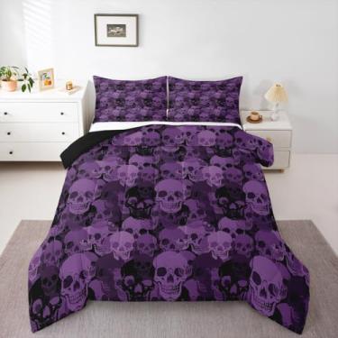 Imagem de jejeloiu Conjunto de edredom de caveira de açúcar preto e roxo, tamanho king, estilo ossos góticos, design de esqueleto, para meninos e meninas, temática de Halloween, edredom para decoração de quarto