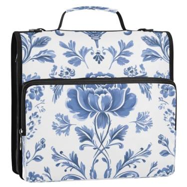 Imagem de CEBUGI Fichário de 3 anéis com zíper com alça de ombro, pasta de arquivo expansível de 3,8 cm, anéis D, para escola, escritório, buquê azul retrô