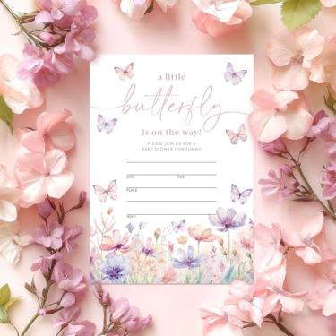 Imagem de Whaline Convites de chá de bebê de borboleta floral 20 conjuntos de cartões de convite de borboleta de flores em aquarela com envelopes adesivos em branco convites para aniversário de primavera, 12 x