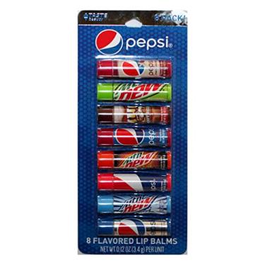 Imagem de Taste Beauty (1) Pacote de Festa Pepsi - 8 unidades de bálsamo labial com sabor refrigerante - Sabores: Cherry Vanilla, Mountain Dew, Caneca Cerveja Raiz, Peso líquido 3,4 g cada palito