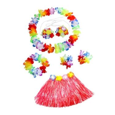 Imagem de Dynwave Conjunto de fantasia de saia havaiana 5x, saia de ráfia, flores multicoloridas, pulseiras, colar e faixa de cabeça para vestido extravagante, Comprimento da saia 30cm