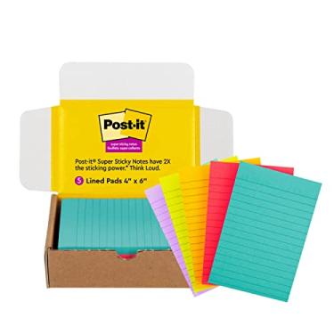 Imagem de Post-it Super Sticky Notes, 10 x 15 cm, 5 blocos/pacote, 90 folhas/bloco, cores vivas sortidas, Aqua Splash, verde-limão, verde-sol, infusão de goiaba e íris (660-5SSMXSIOC)