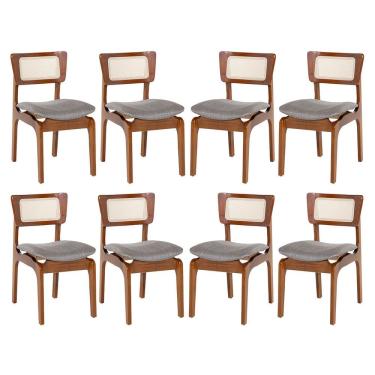 Imagem de Kit 8 Cadeiras de Jantar Portugal Madeira Imbuia com Encosto Tela Rattan Linho Cinza L55