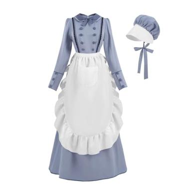 Imagem de Nuoqi Vestido de pradaria feminino colonial adulto vestido longo vitoriano pioneiro com gorro azul embaçado, 2GG