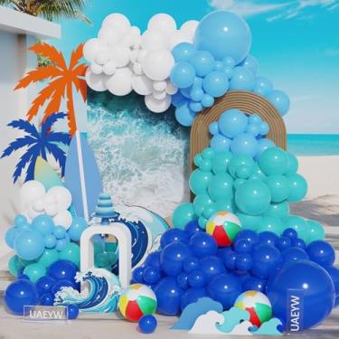 Imagem de Decoração de festa de praia com ondas oceânicas, 147 peças, kit de guirlanda de arco de balão azul royal turquesa azul pastel branco com bolas de praia infláveis para verão piscina aniversário