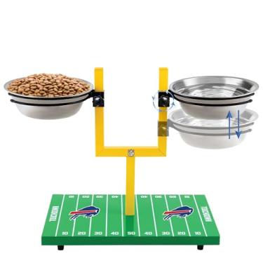 Imagem de Alimentador para cães NFL Buffalo Bills Goalpost Football Field Field – Tigelas elevadas ajustáveis para cães com suporte, 2 tigelas de aço inoxidável, pés de borracha antiderrapante, alimentador