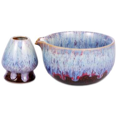 Imagem de KHZSPP Tigela Matcha com bico, conjunto de batedor Matcha, tigela de cerâmica e suporte de batedor, kit Matcha para iniciantes amantes fazendo bebidas com leite, presente para iniciantes (roxo)