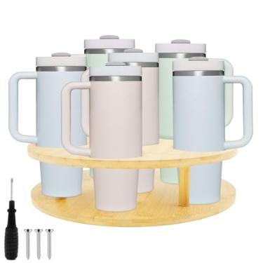 Imagem de Organizador de garrafa de água 360° giratório Lazy Susan comporta 6 copo, suporte organizador de copo de madeira, organizador de copo, organizador de garrafas, acessórios fáceis de instalar para