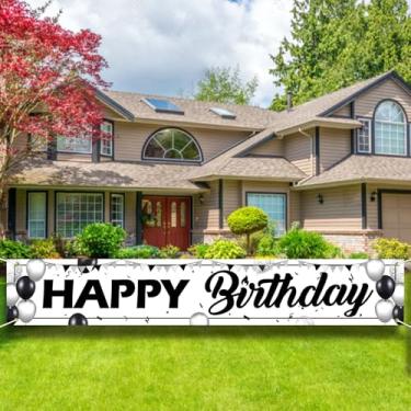 Imagem de Placa de banner de feliz aniversário branco e preto - 25 x 4 m, grande decoração de festa ao ar livre, pano de fundo branco e preto para homens e mulheres.