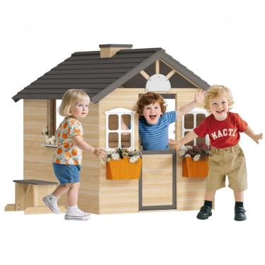 Imagem de Casinha Infantil de Madeira para Área Externa com Porta de Trabalho, Janelas, Banco, Posto de Serviço e Suportes para Vasos de Flores
