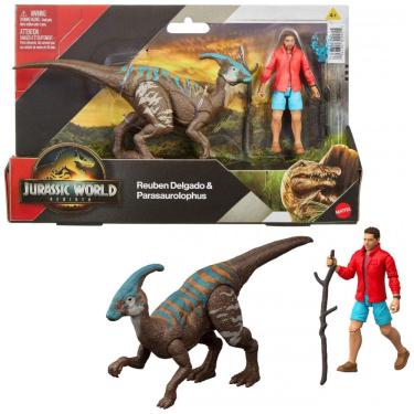 Imagem de Mattel Jurassic World Rebirth Pack de Figuras Dinossauro e Humano com Reuben Delgado e Parasaurolophus, Escala 9,5 cm